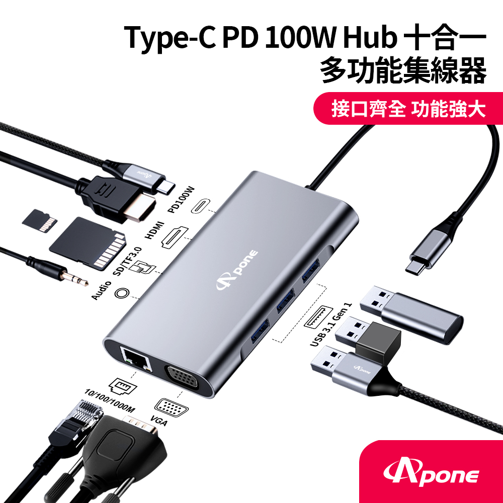 【Apone】 Type-C PD 100W Hub十合一多功能集線器