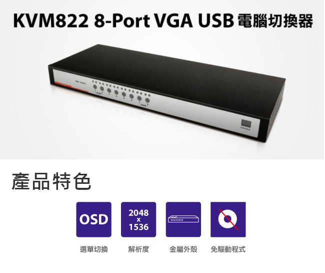 KVM822 8-Port VGA USB電腦切換器